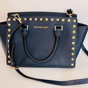MICHAEL Michael Kors Selma Studded Saffiano Leather Satchel Navy Blue